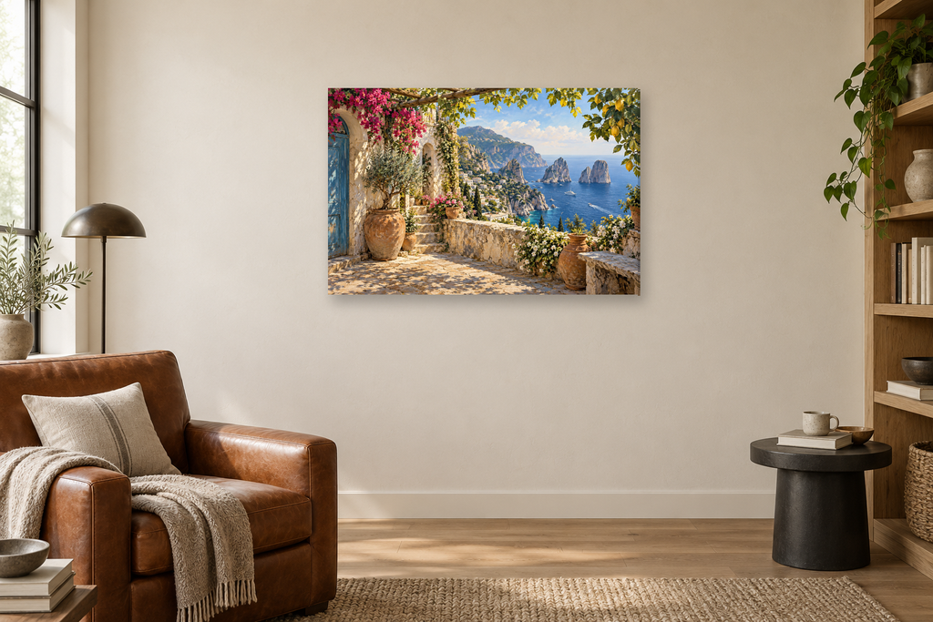 Capri Blue View — horizontal canvas in a reading corner, full original artwork