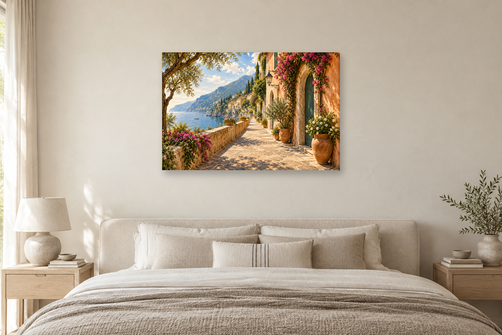Riviera Promenade — horizontal canvas in a bedroom, full original artwork