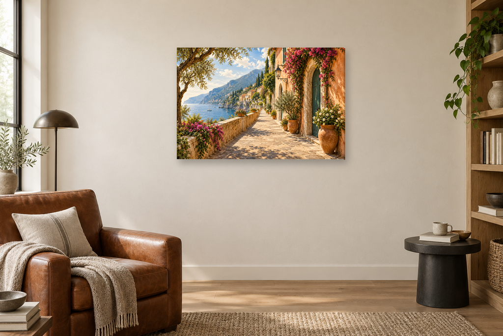 Riviera Promenade — horizontal canvas in a reading corner, full original artwork
