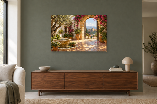 Andalusian Patio — horizontal canvas in a living room, full original artwork