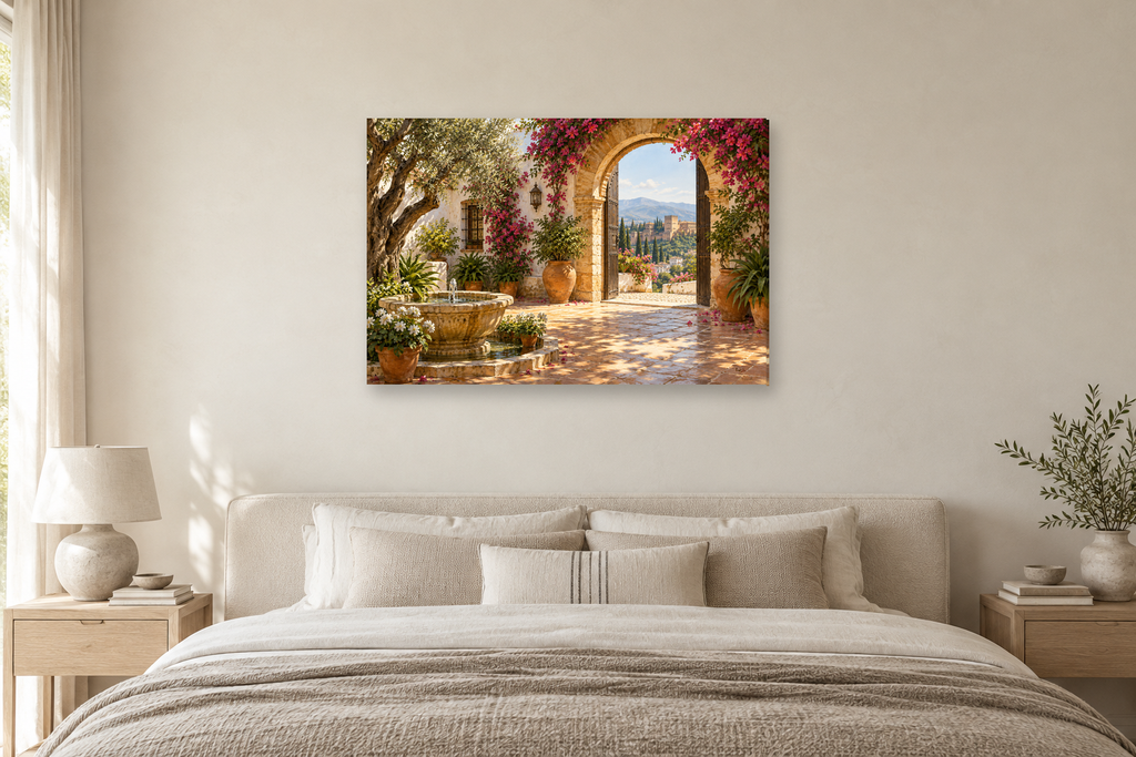 Andalusian Patio — horizontal canvas in a bedroom, full original artwork