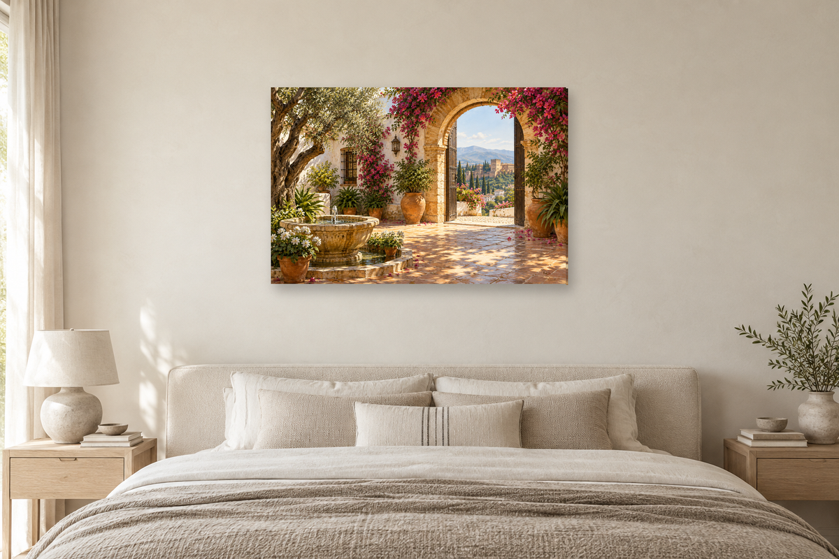 Andalusian Patio — horizontal canvas in a bedroom, full original artwork