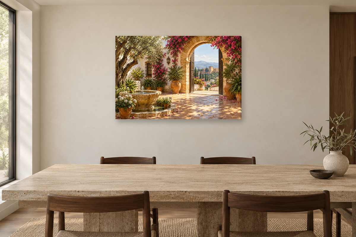 Andalusian Patio — horizontal canvas in a dining room, full original artwork