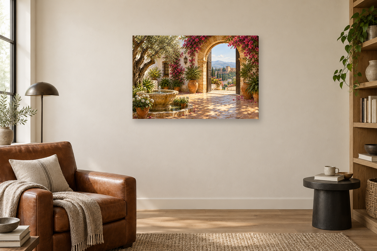Andalusian Patio — horizontal canvas in a reading corner, full original artwork