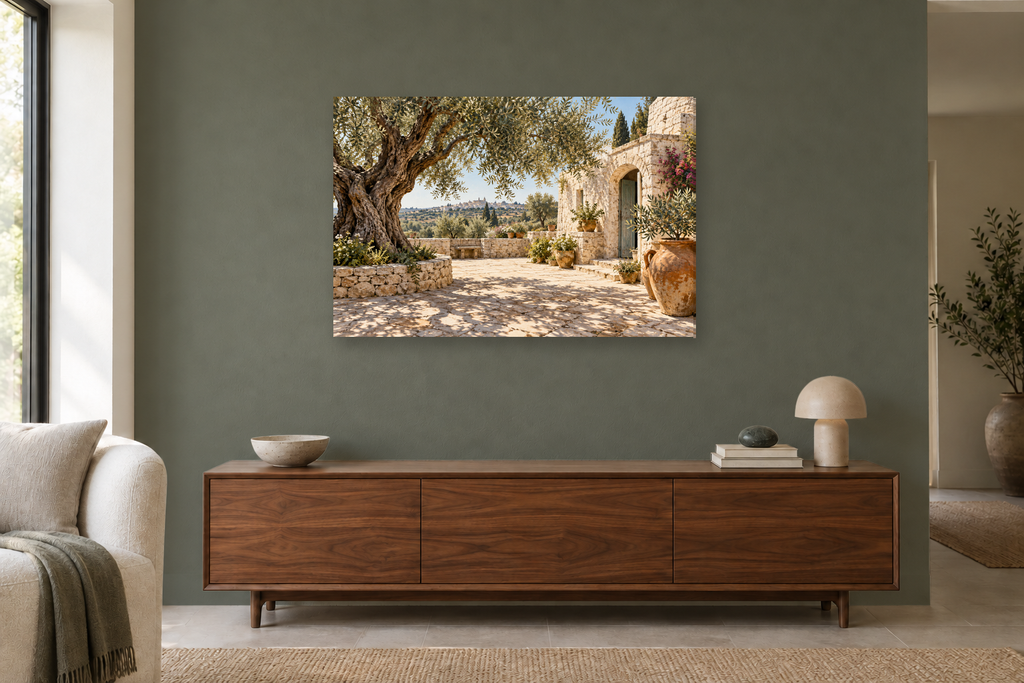 Puglia Olive Grove — horizontal canvas in a living room, full original artwork