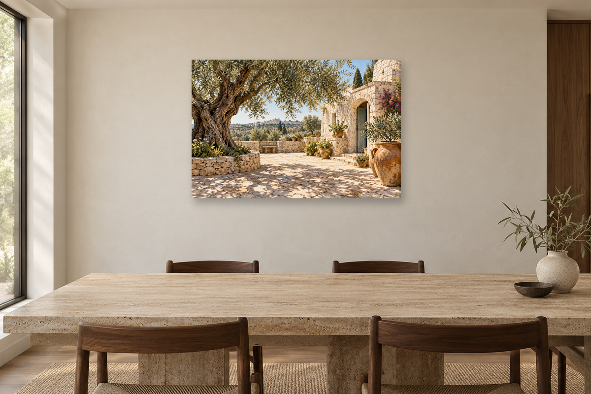 Puglia Olive Grove — horizontal canvas in a dining room, full original artwork