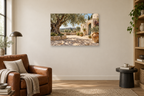 Puglia Olive Grove — horizontal canvas in a reading corner, full original artwork