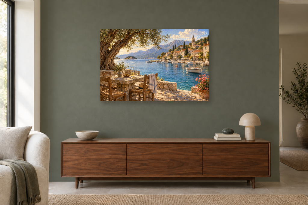 Dalmatian Harbour — horizontal canvas in a living room, full original artwork