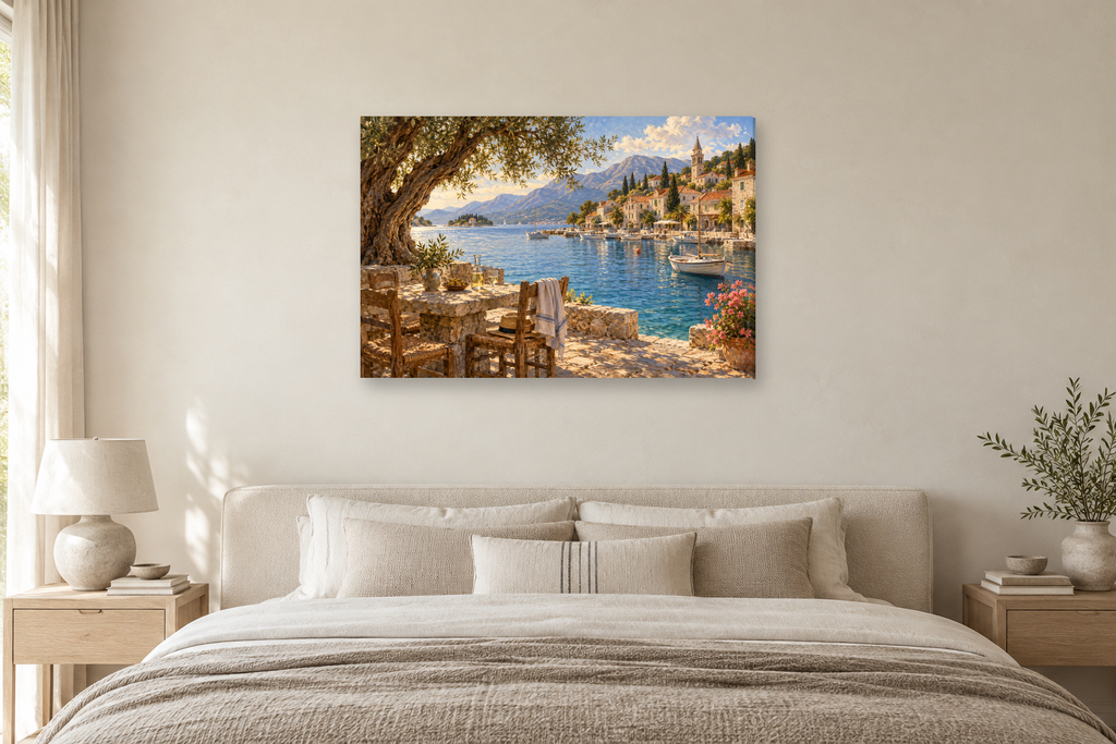 Dalmatian Harbour — horizontal canvas in a bedroom, full original artwork