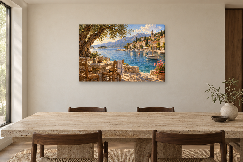 Dalmatian Harbour — horizontal canvas in a dining room, full original artwork