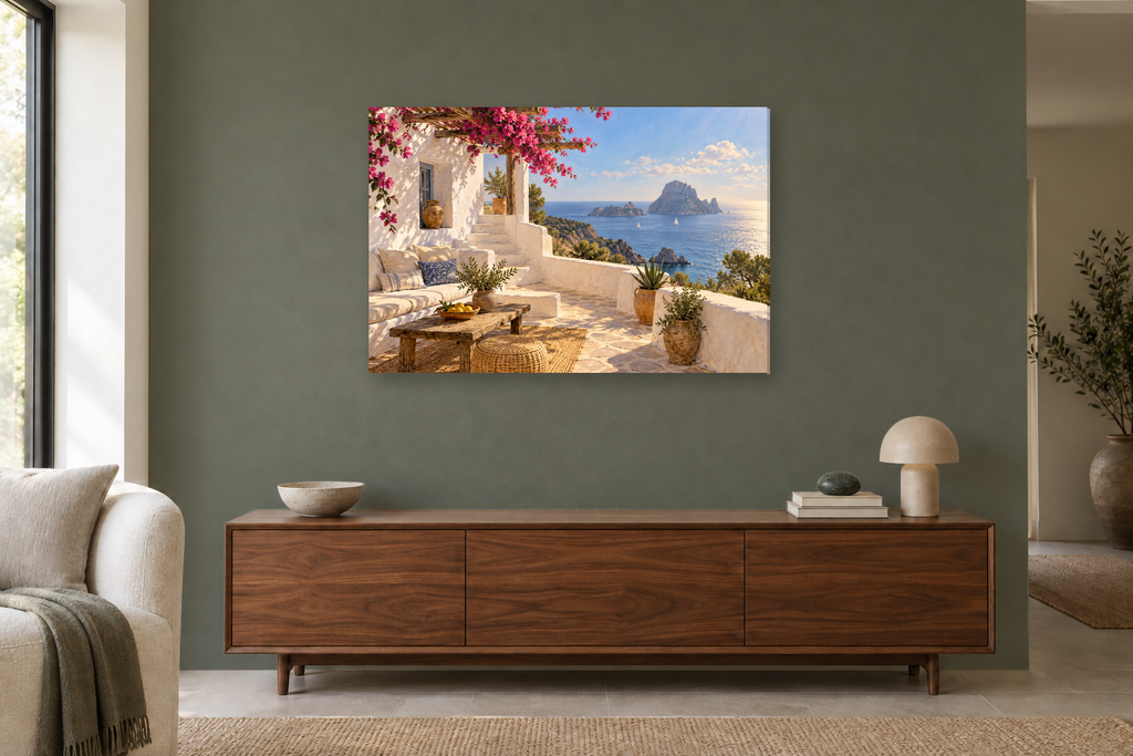 Ibiza White Walls — horizontal canvas in a living room, full original artwork