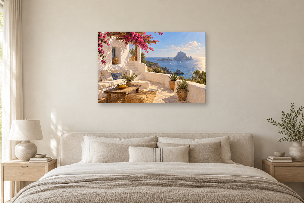 Ibiza White Walls — horizontal canvas in a bedroom, full original artwork