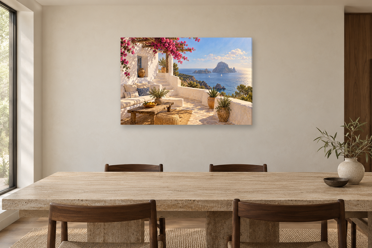Ibiza White Walls — horizontal canvas in a dining room, full original artwork