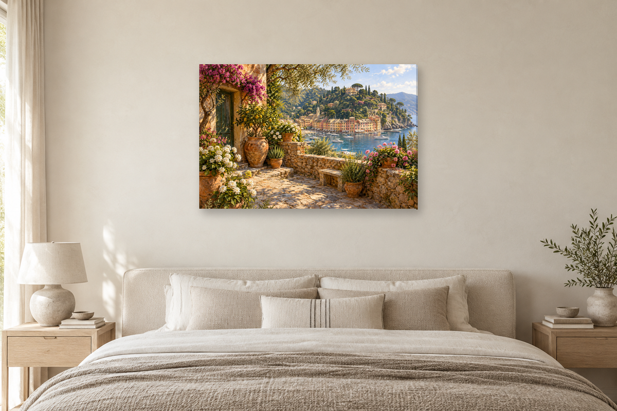 Portofino Morning — horizontal canvas in a bedroom, full original artwork