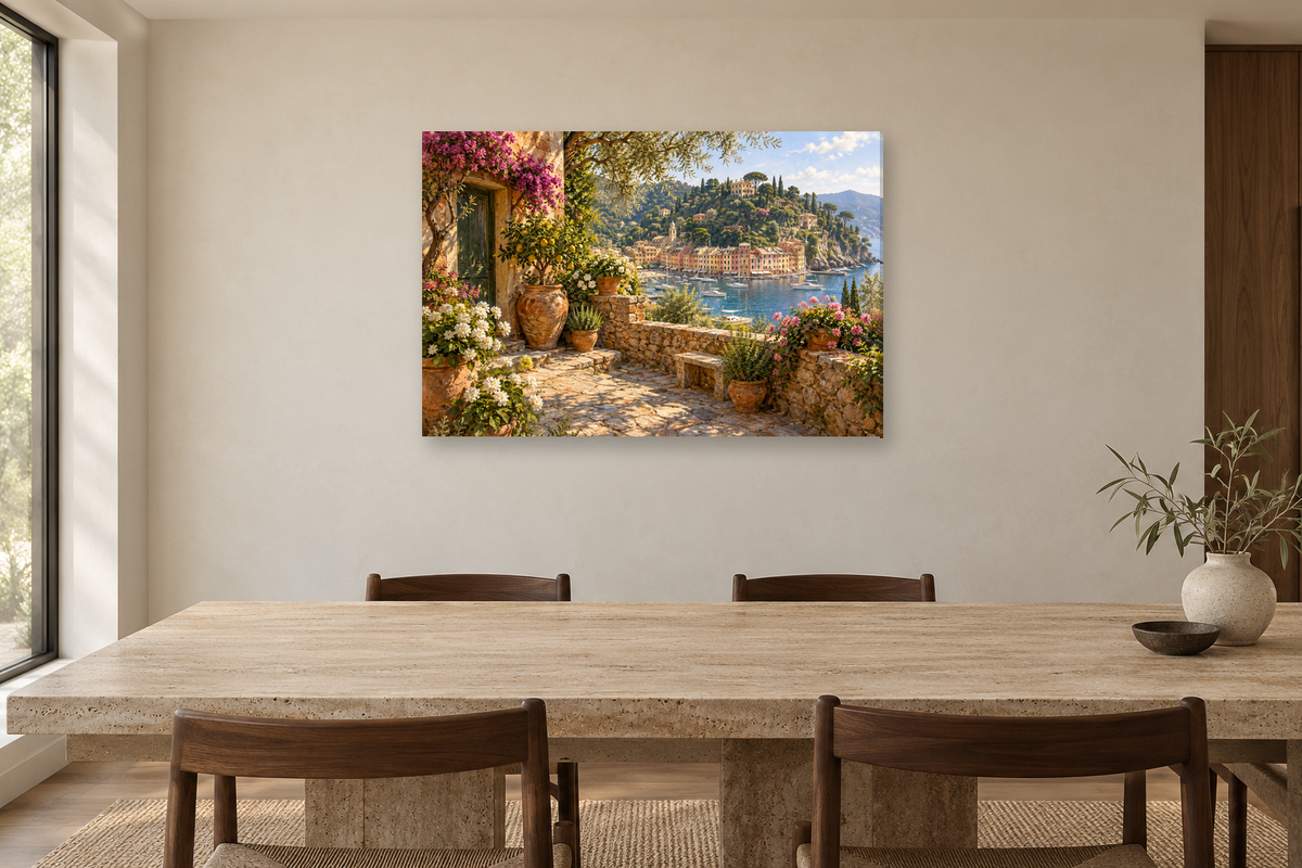 Portofino Morning — horizontal canvas in a dining room, full original artwork