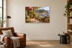 Portofino Morning — horizontal canvas in a reading corner, full original artwork
