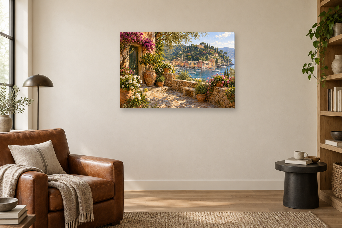 Portofino Morning — horizontal canvas in a reading corner, full original artwork