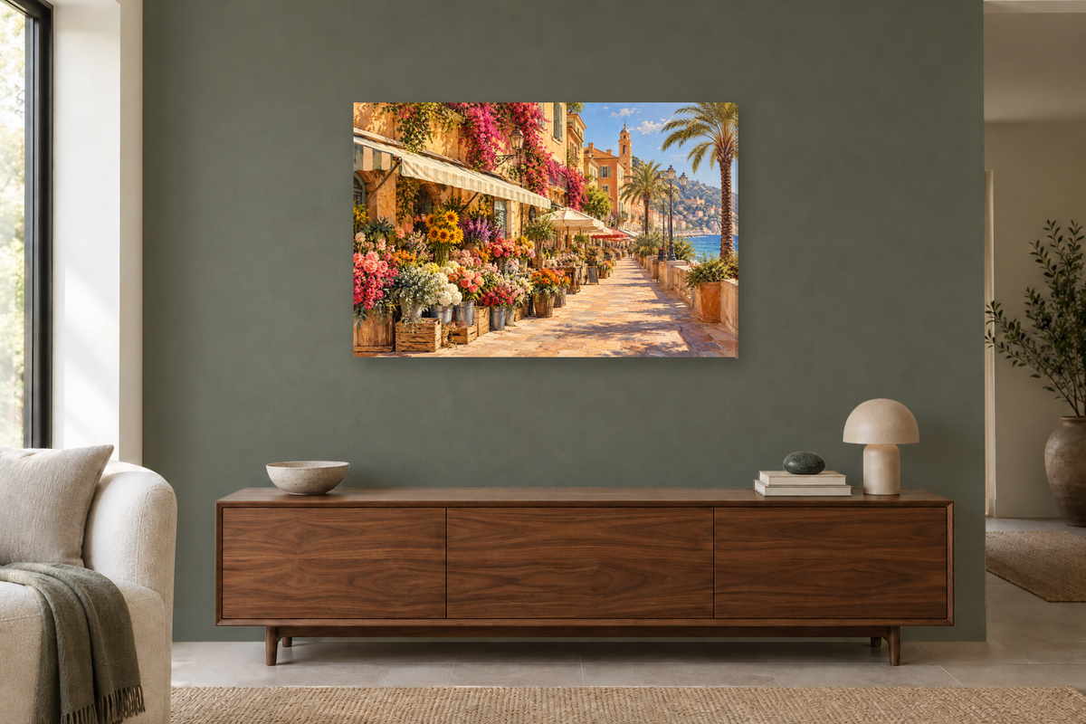 Nice Flower Market — horizontal canvas in a living room, full original artwork