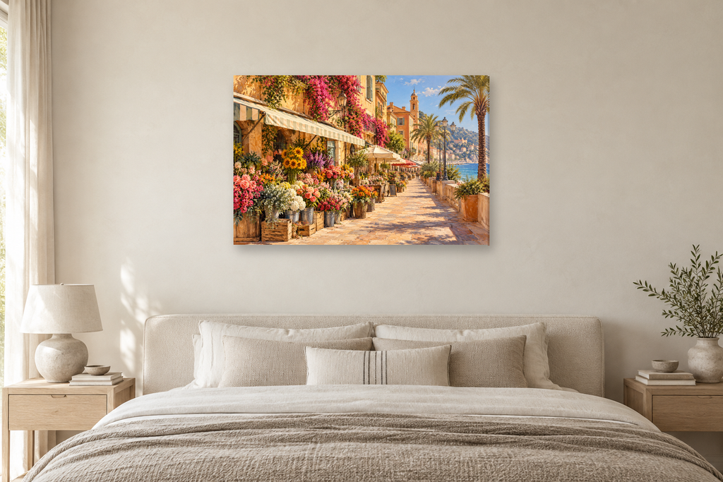 Nice Flower Market — horizontal canvas in a bedroom, full original artwork