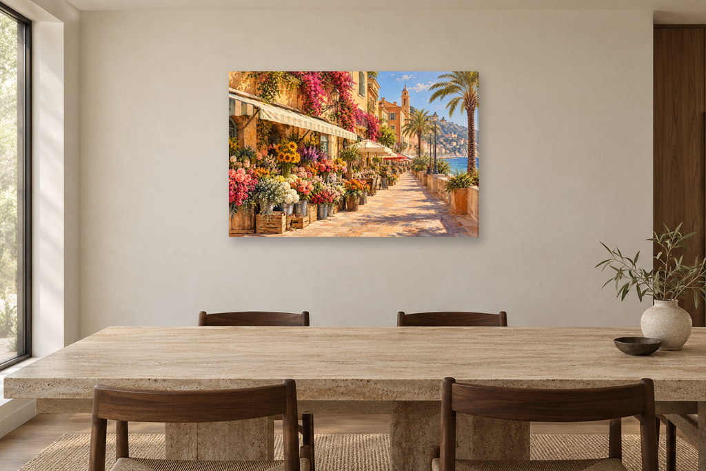 Nice Flower Market — horizontal canvas in a dining room, full original artwork
