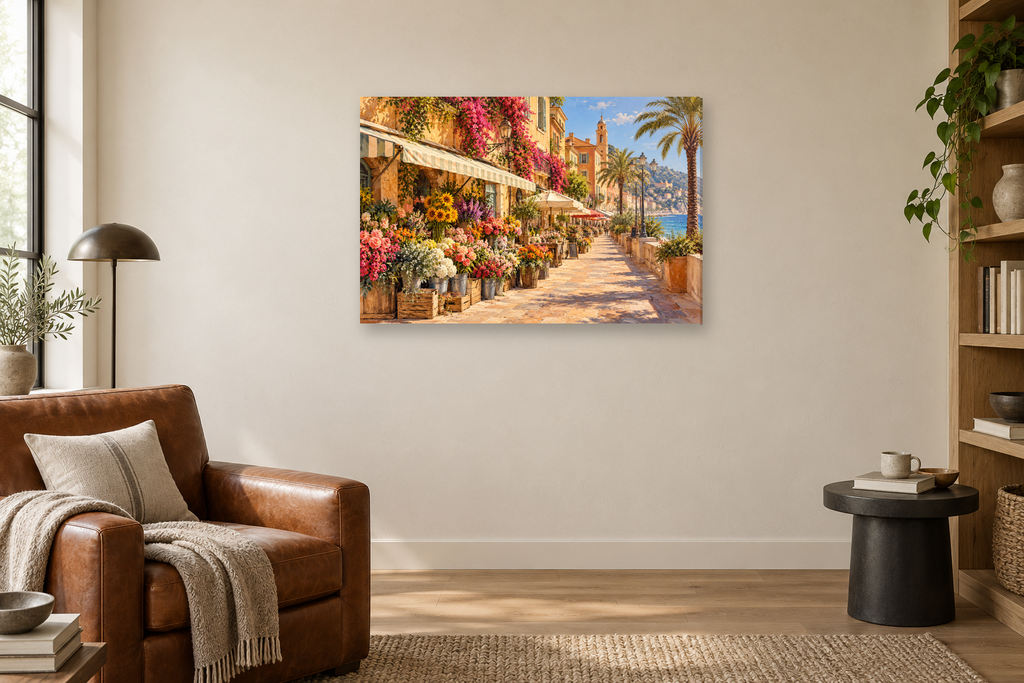Nice Flower Market — horizontal canvas in a reading corner, full original artwork