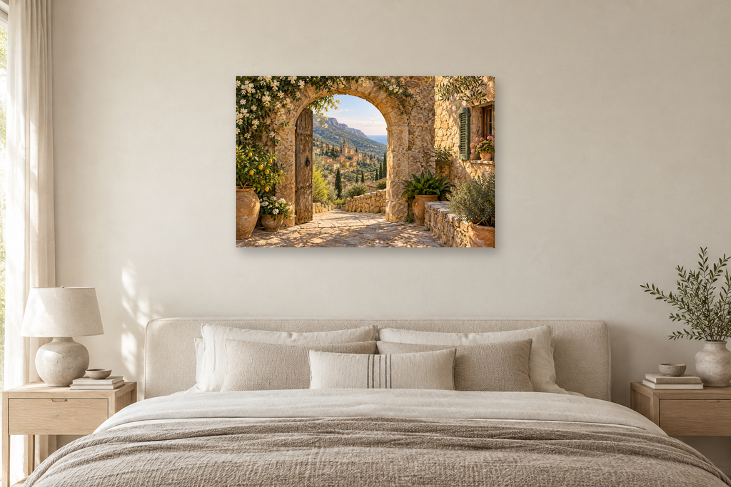 Valldemossa Stone — horizontal canvas in a bedroom, full original artwork