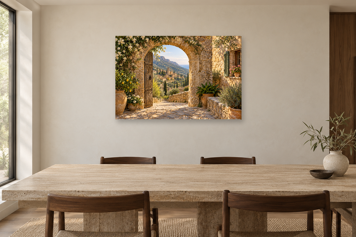 Valldemossa Stone — horizontal canvas in a dining room, full original artwork