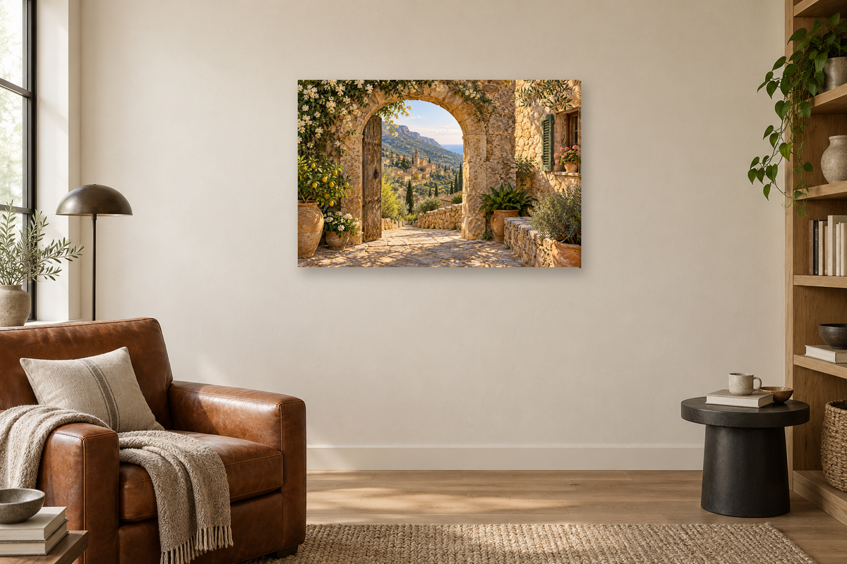 Valldemossa Stone — horizontal canvas in a reading corner, full original artwork