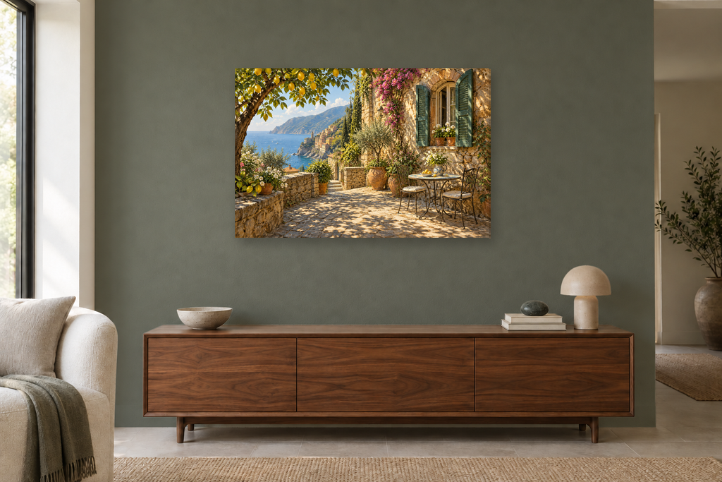 Ligurian Window — horizontal canvas in a living room, full original artwork