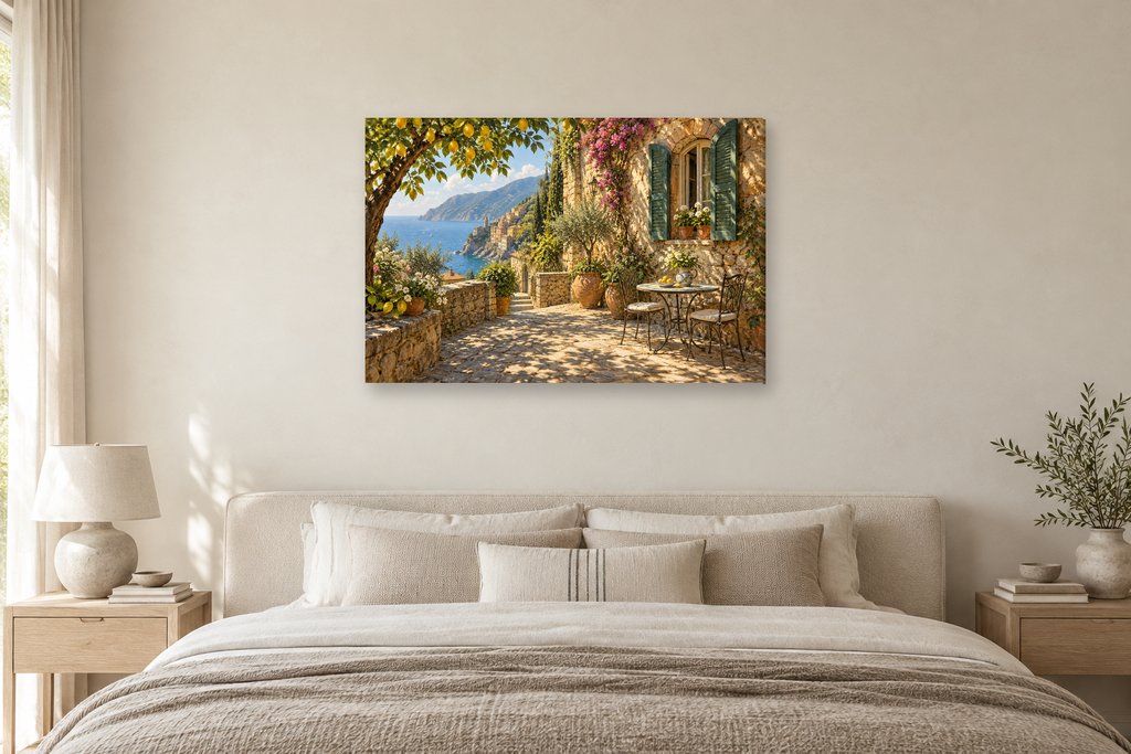 Ligurian Window — horizontal canvas in a bedroom, full original artwork