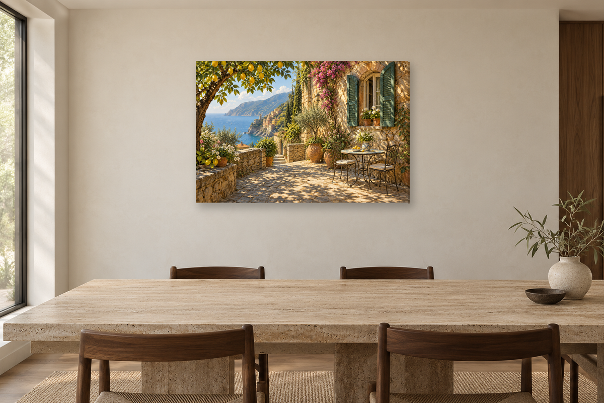 Ligurian Window — horizontal canvas in a dining room, full original artwork