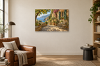 Ligurian Window — horizontal canvas in a reading corner, full original artwork