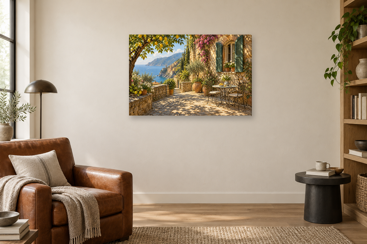 Ligurian Window — horizontal canvas in a reading corner, full original artwork