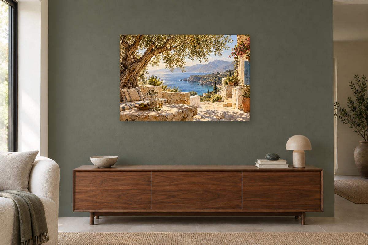 Crete Sunlight — horizontal canvas in a living room, full original artwork