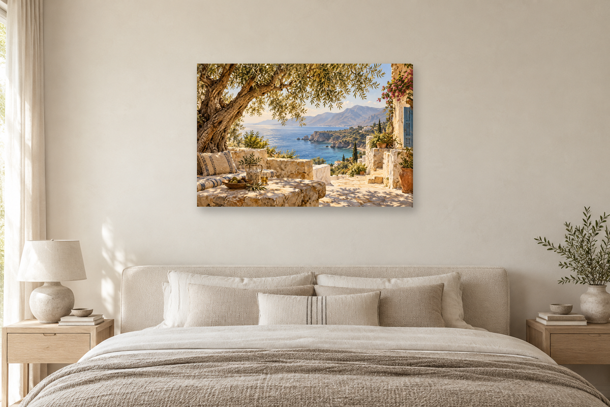 Crete Sunlight — horizontal canvas in a bedroom, full original artwork