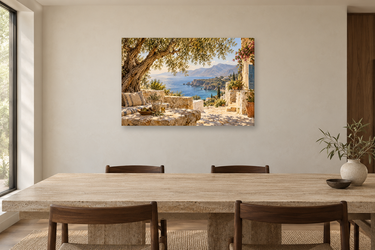 Crete Sunlight — horizontal canvas in a dining room, full original artwork