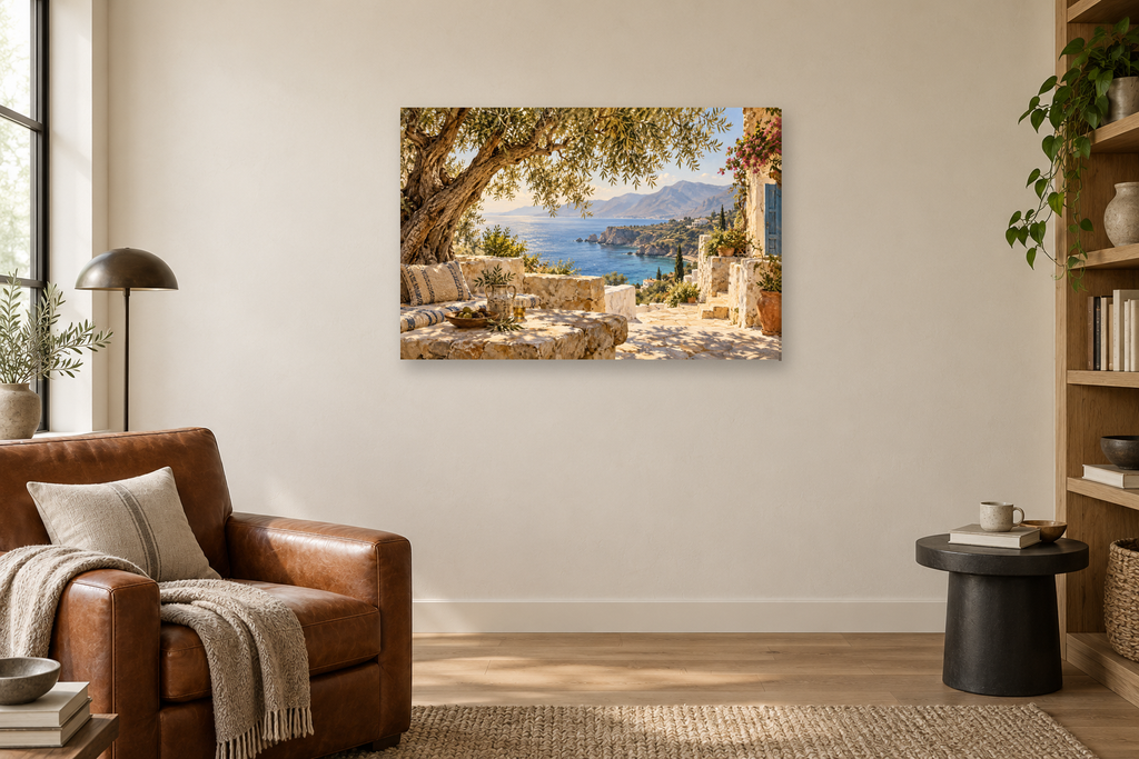 Crete Sunlight — horizontal canvas in a reading corner, full original artwork