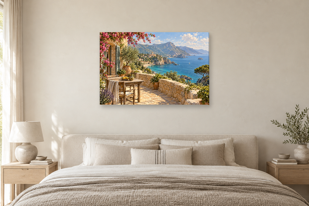 Corsican Bay — horizontal canvas in a bedroom, full original artwork