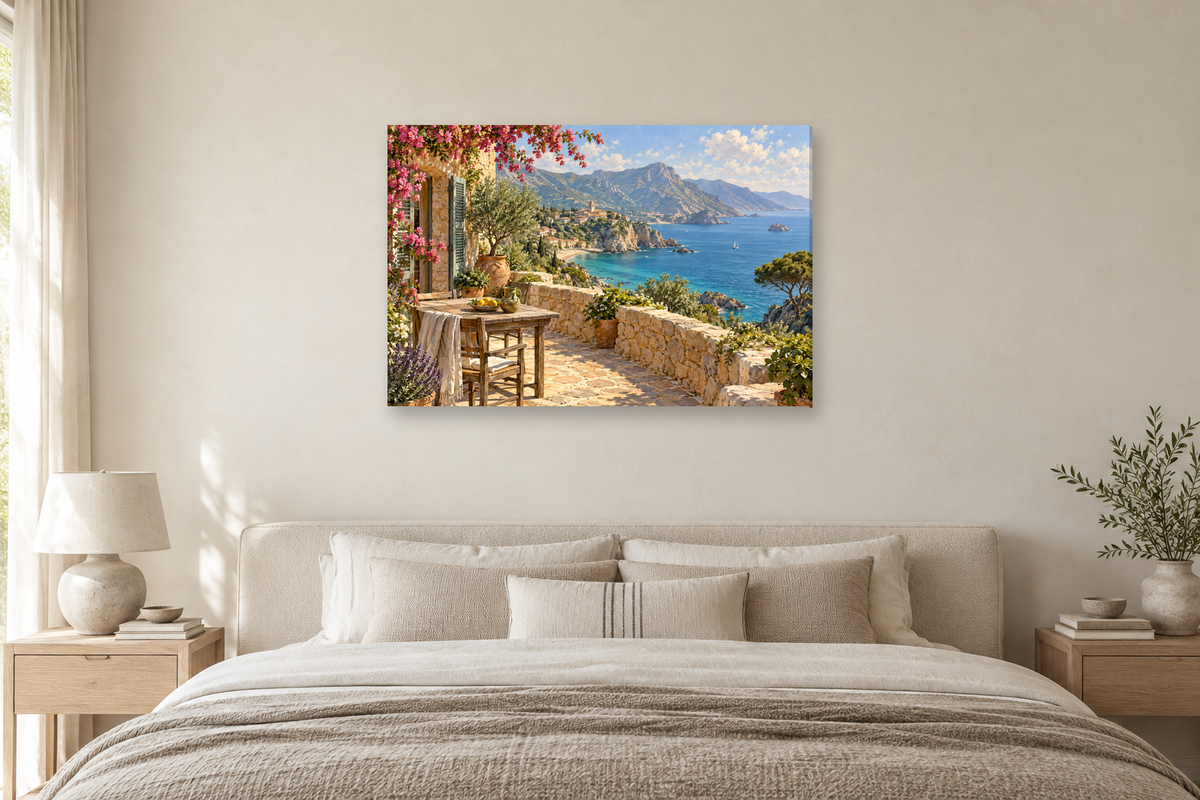 Corsican Bay — horizontal canvas in a bedroom, full original artwork