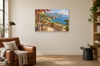 Corsican Bay — horizontal canvas in a reading corner, full original artwork