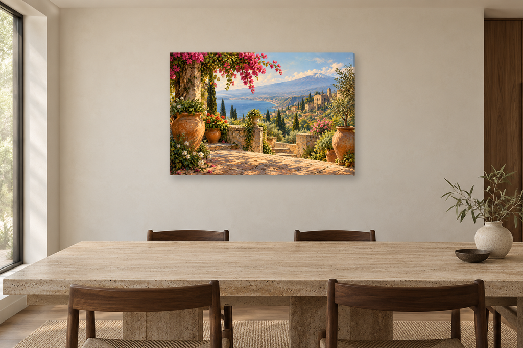 Taormina Garden — horizontal canvas in a dining room, full original artwork