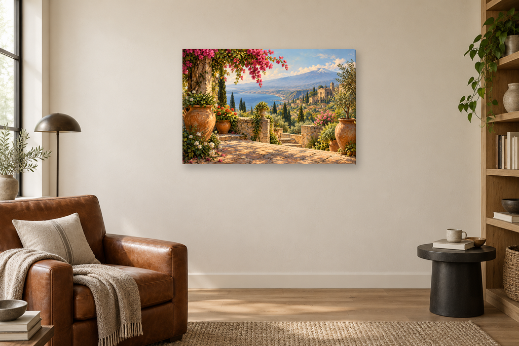 Taormina Garden — horizontal canvas in a reading corner, full original artwork