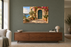 Menorca Doorway — horizontal canvas in a living room, full original artwork