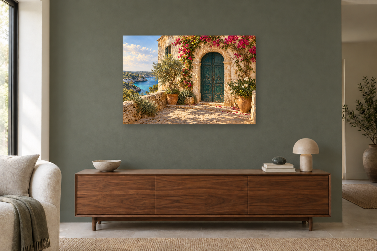 Menorca Doorway — horizontal canvas in a living room, full original artwork