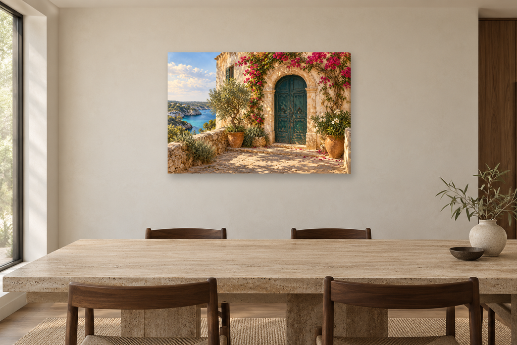 Menorca Doorway — horizontal canvas in a dining room, full original artwork