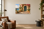 Menorca Doorway — horizontal canvas in a reading corner, full original artwork