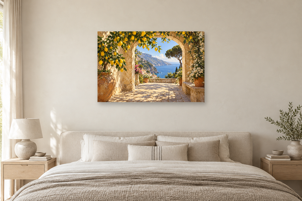 Sorrento Lemon Shade — horizontal canvas in a bedroom, full original artwork