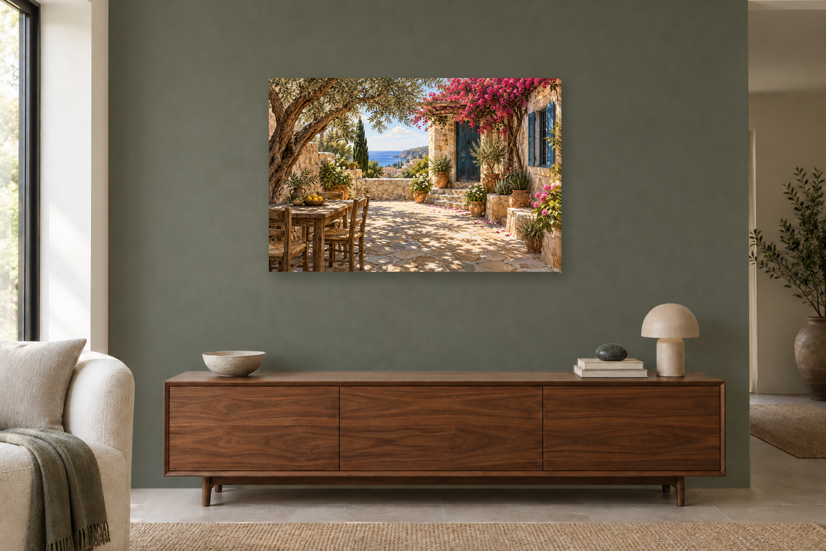 Cyprus Courtyard — horizontal canvas in a living room, full original artwork