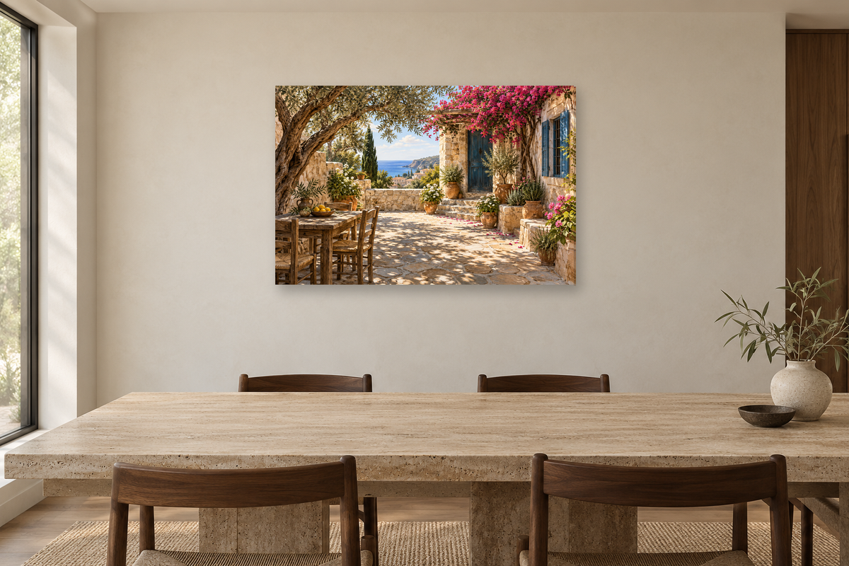 Cyprus Courtyard — horizontal canvas in a dining room, full original artwork
