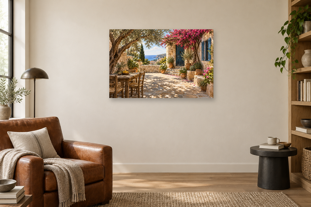 Cyprus Courtyard — horizontal canvas in a reading corner, full original artwork